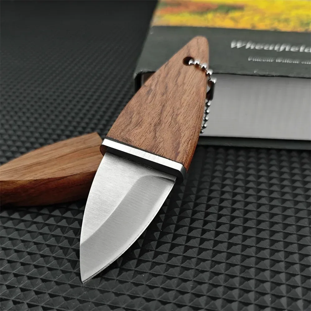 Compact Keychain Fixed Blade Knife Wood Handle Wood Sheath Small Pocket Knife for Camping Hiking Daily Use
