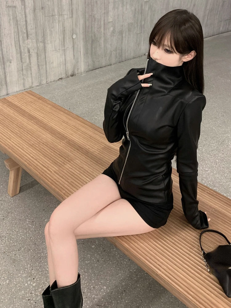 Streetwear Solid Women PU Jackets Y2k Aesthetic Zipper Slim Fit Cropped Elastic Coats Harajuku Casual Black Punk Mujer Chaqueta