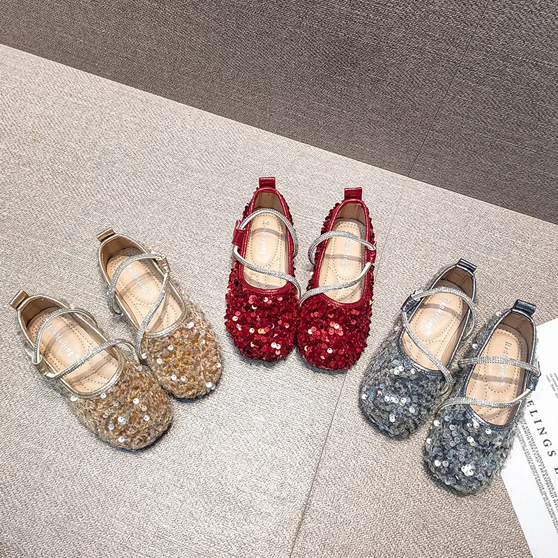 Kids Sequins Princess Shoes Crystal Fashion Ballet Flats Soft Sole Shallow Girls Shoes Rhinestone Party Wedding Children Shoes