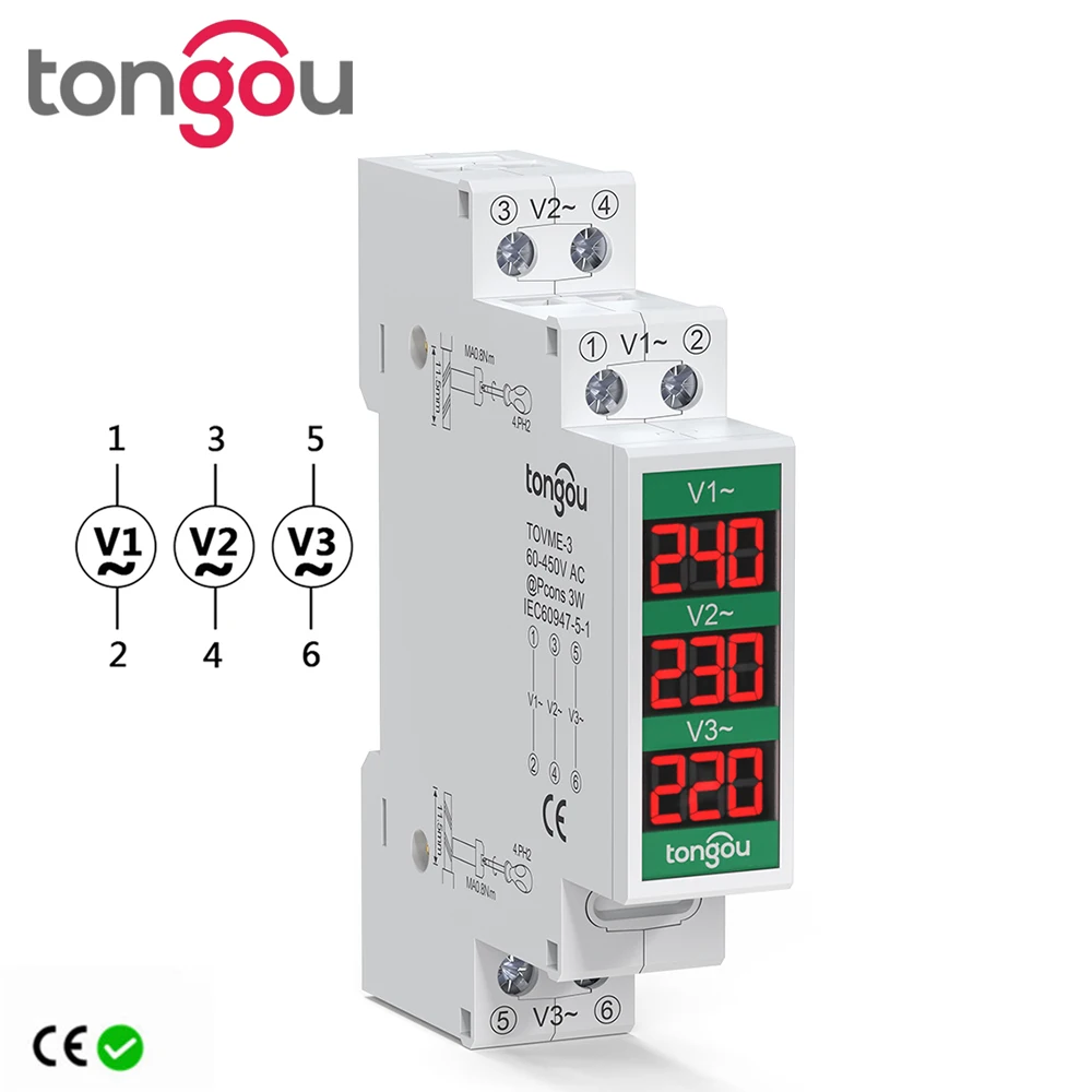 Din Rail Mount Three Phase Voltage Meter Ac 80-500V Mini Modular  Voltmeter Gauge Indicator LED Digital Display TONGOU