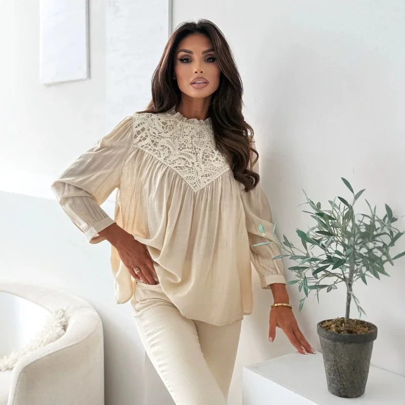 Gentle Style Lace Spliced Loose Top, Frill Neck Gathered Puff Sleeve Slim Tummy Cover Blouse