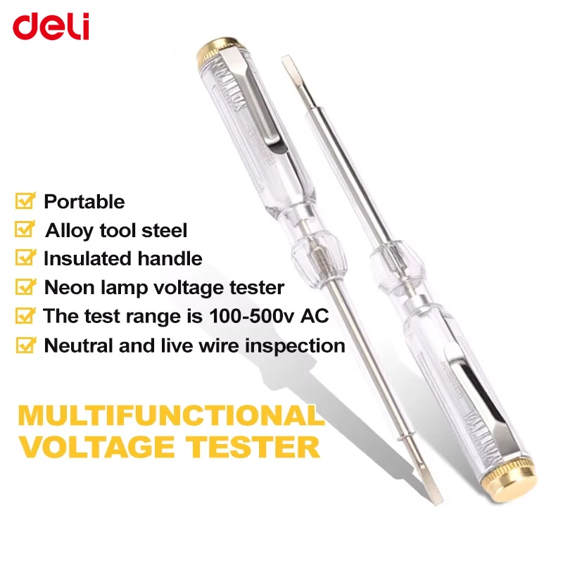 DELI Electrical Test Pen One Word Bit Screwdriver Non-contact Induction Intelligent Voltage Indicator Light Tester Pen Tool