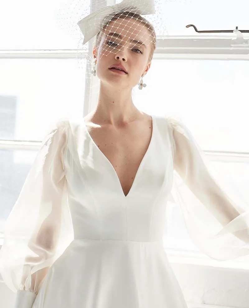 Boho cetim vestido de casamento tule longo puff manga com decote em v sem costas zíper vestido de noiva com trem longo a linha vestidos de casamento