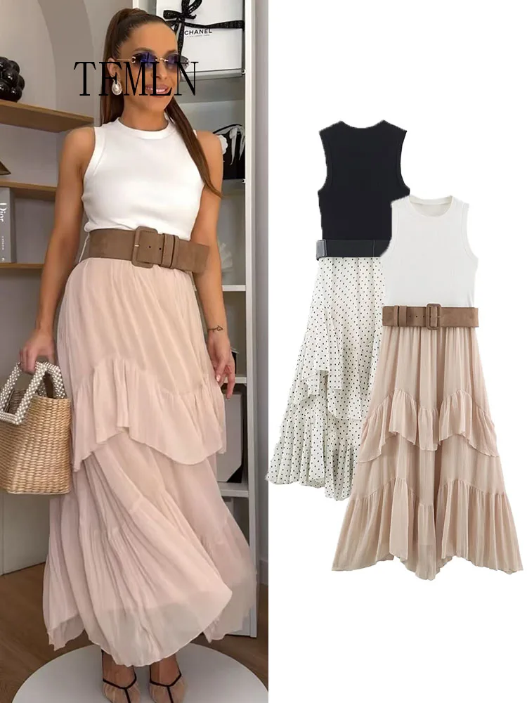 Süßes Mädchen-Patchwork-Kleid mit Gürtel, Vintage-Seitenreißverschluss, O-Ausschnitt, asymmetrisches Kleid, elegante Rüschen, Damen-Abendkleid für Partys