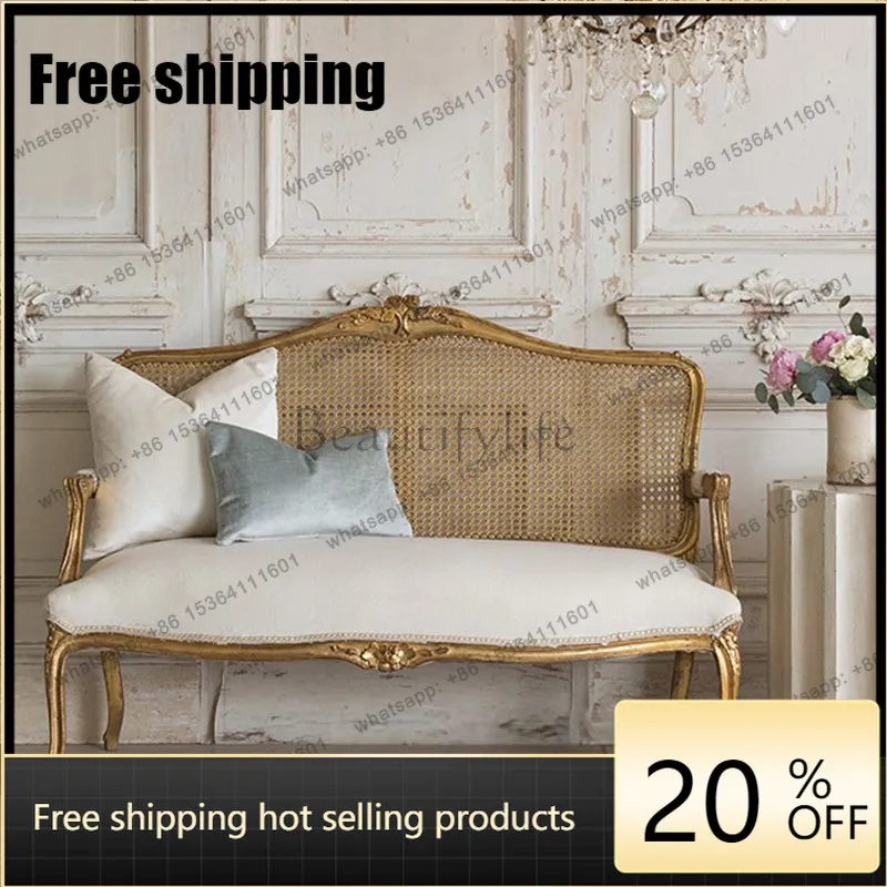 XX French Solid Wood Carving Flower Gold Old Braided Rattan Backrest Double Triple Armrest Sofa Retro Style Furniture