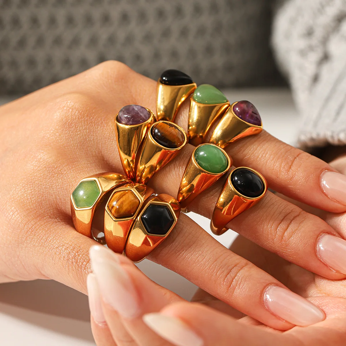 Anillos de Sello Vintage con Piedras Preciosas Naturales, Chapados en Oro, con Incrustaciones de Amatista y Jade, Estilo Punk, para Hombres y Mujeres, Joyería de Uso Diario