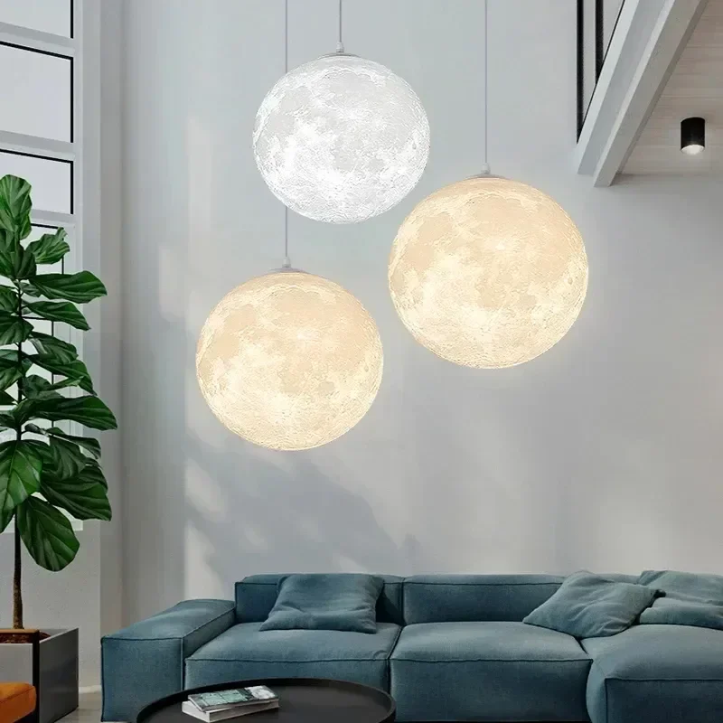 Nordic 3D Printed Moon Pendant Light Children's Room Dining Room Bedroom Balcony Circular Single Head Workwear Planet Light