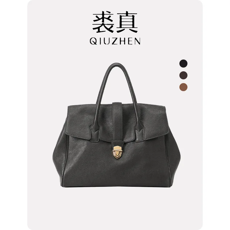 Qiuzhen Vintage Vegetable-Tanned Full-Grain Cowhide Leather Handheld Briefcase for Women - Large Capacity Commuter Bag