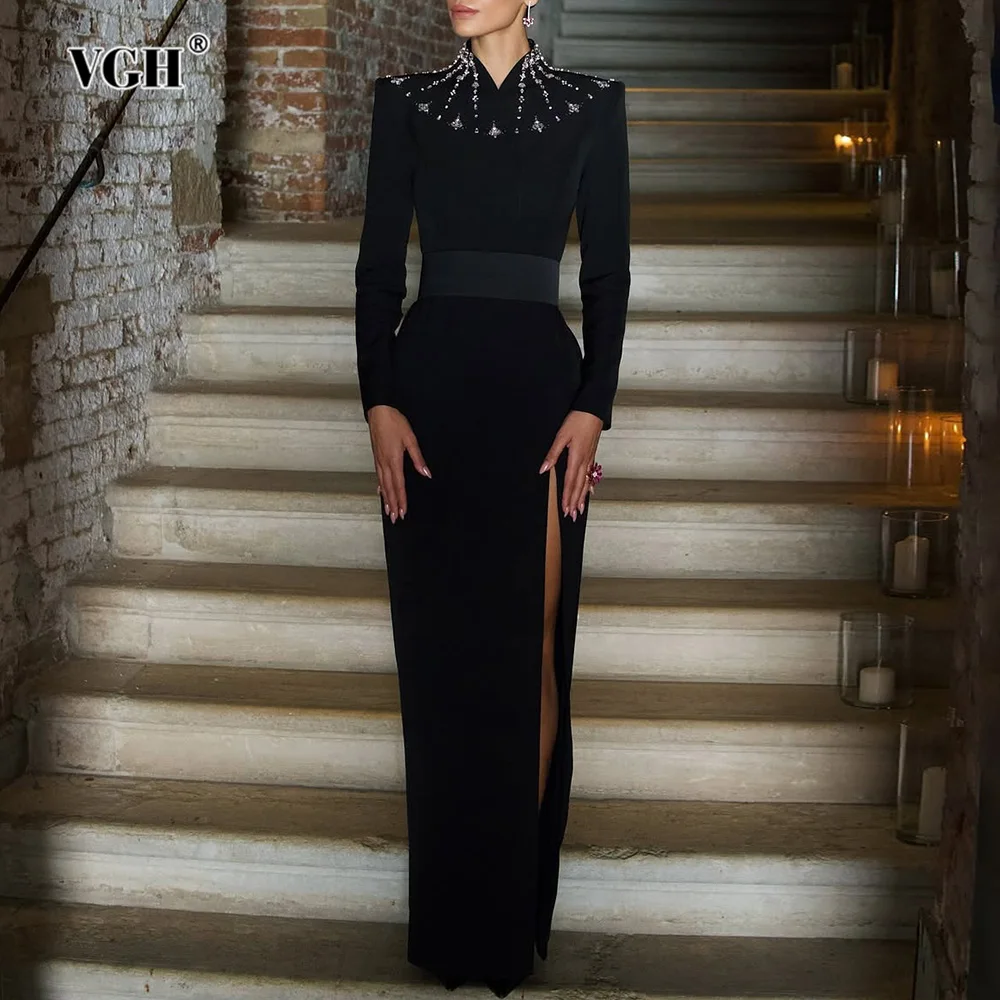 

VGH утягивающее однотонное платье с бриллиантами для женщин, воротник-стойка, длинный рукав, высокая талия, с разрезом, сексуальные вечерние платья, женские