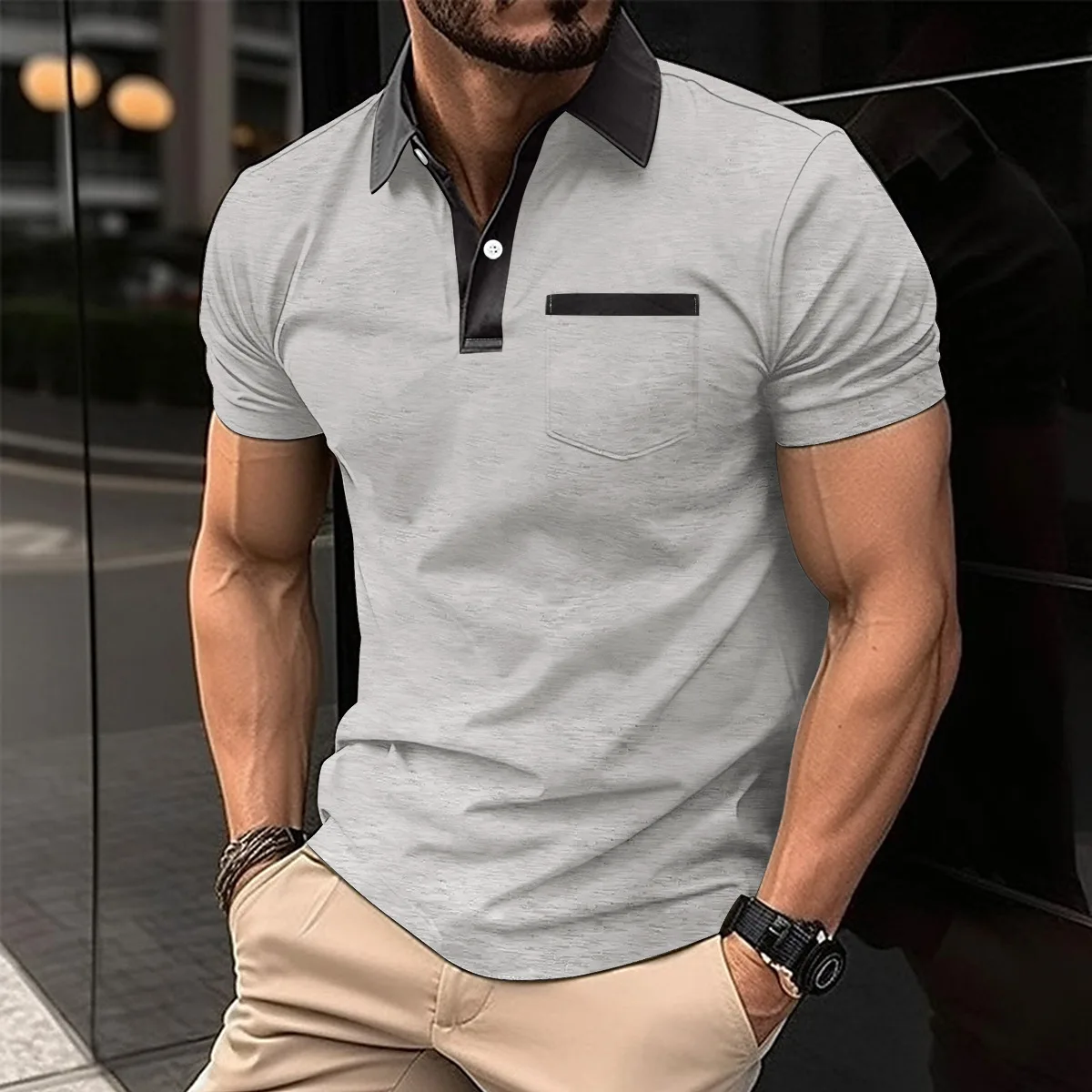 2025 new men's lapel fashion slim T-shirt pocket color matching short-sleeved men's solid color T-shirt POLO shirt