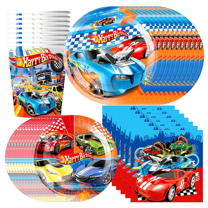 Vajilla para Fiesta Temática de Carreras, Platos, Vasos, Servilletas y Adorno para Pastel Desechables con Temática de Carreras Roja y Azul para Decoración de Cumpleaños de Niños