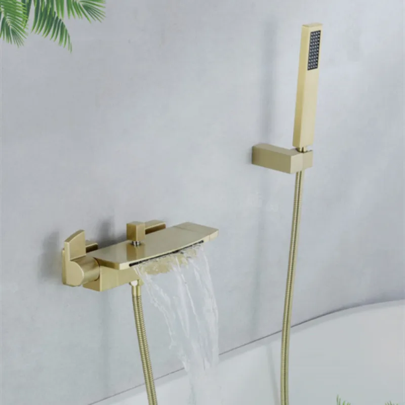 Bathtub Shower Set Wall Mounted Bathroom Double Handle Brush Gold Waterfall Bathtub Faucet Solid Brass Casted Water Saving