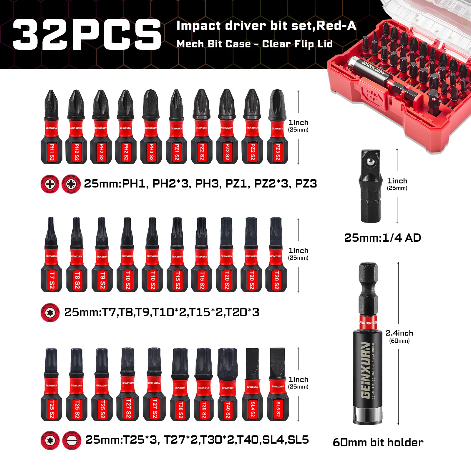 Geinxurn 32-delige S2 stalen slagschroevendraaierbitset, PH/SL/PZ/Torx Muliti Insert Bits Tips Set met bithouder en adapter (doos) - afbeelding 1