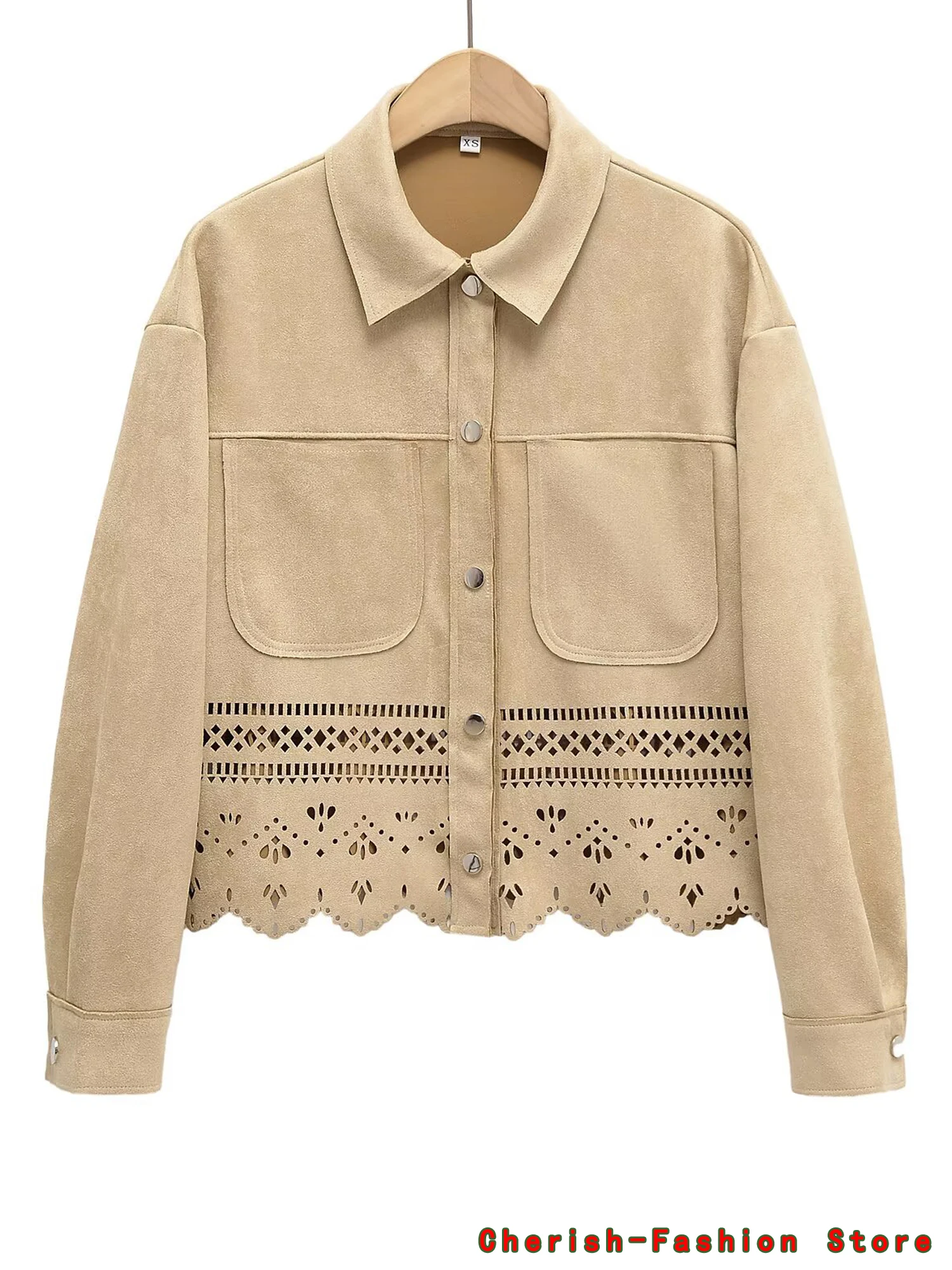 Casual Suede Jackets Women Street Lapel Long Sleeves Fake Pockets Coats Female 2025 Spring Fashion Chic Hollow Out Outwears Lady
