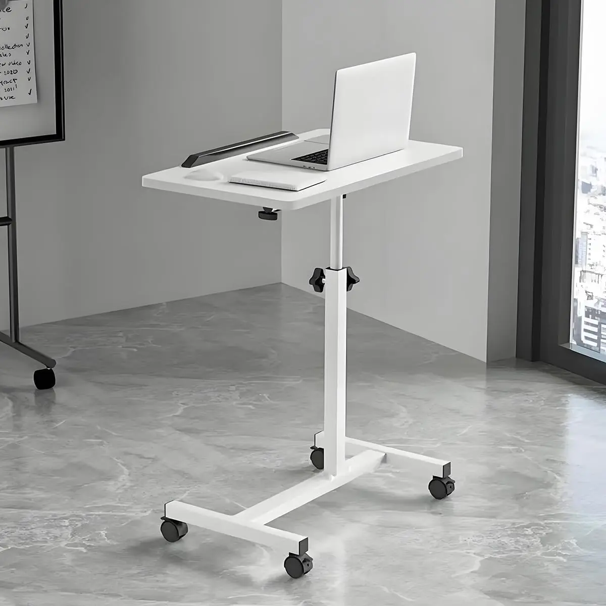 طاولة كمبيوتر محمول متنقلة بارتفاع قابل للتعديل مع 4 عجلات قابلة للقفل بجانب السرير لمحطة عمل الكمبيوتر المكتبي المنزلي #5