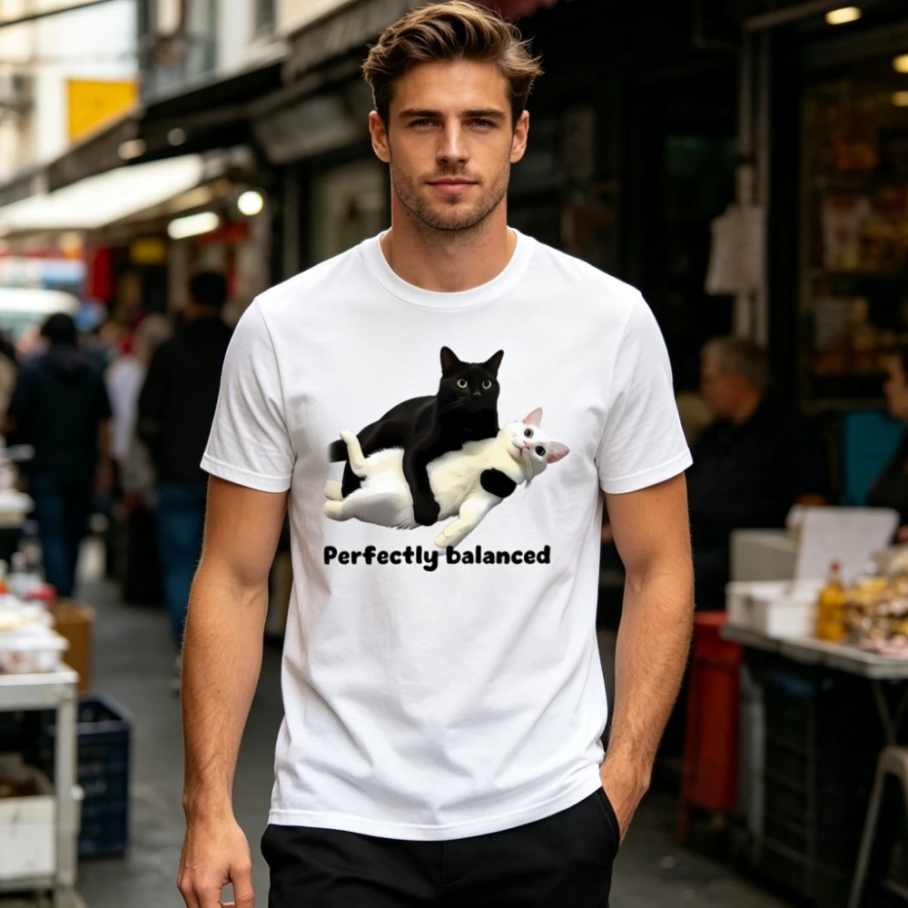 Cute Black and White Cats Perfectly Balanced Funny Quote TShirt Casual Novelty Men Women Top Cats Meme Graphic Unisex Streetwear