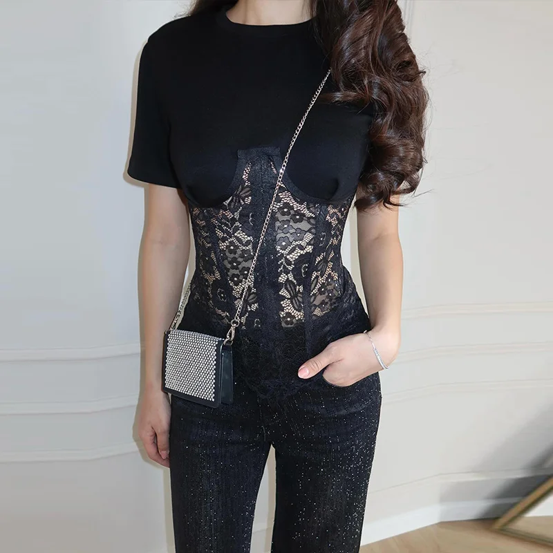 

Women's Lace Patchwork Bandage Tops See Through O-neck Half Sleeve All-match Shirts 2026 Fashion Spring Lady Casual Pullover New