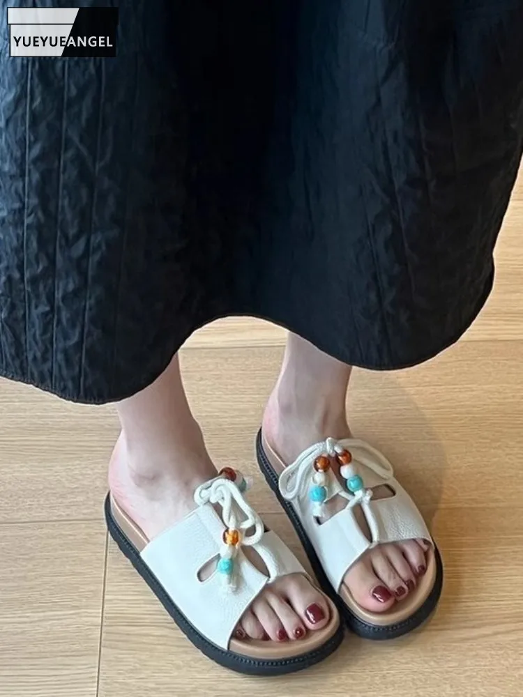 

Youth Ladies Summer Cowhide Open Toe Beads Mid Heel Slippers Genuine Leather Lace-Up Platform Solid Color Leisure Beach Shoes