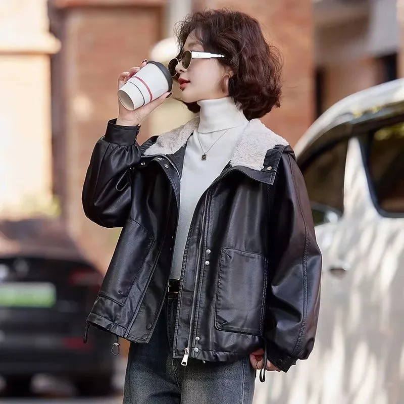 2025 senhoras mangas compridas jaqueta de couro do plutônio inverno feminino com capuz grosso casaco de couro coreano moda feminina outwear de couro falso