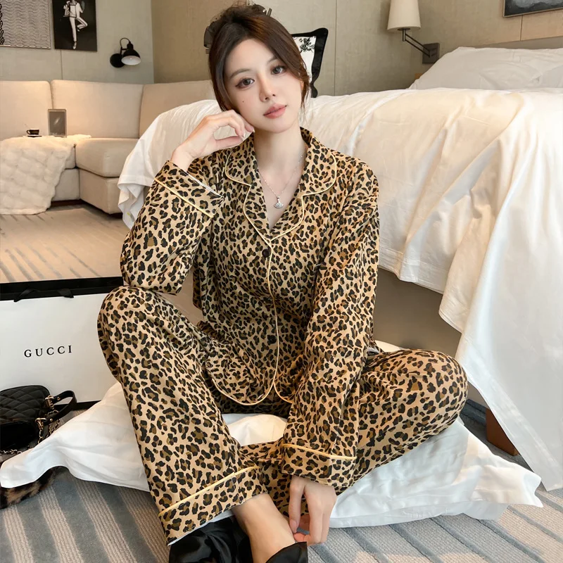 Women\'s Pajamas Set Spring Summer 2 Piece Leopard Pyjama Pocket Buttons Down Sleepwear Long Sleeve Pijama Mujer Pjs Homewear