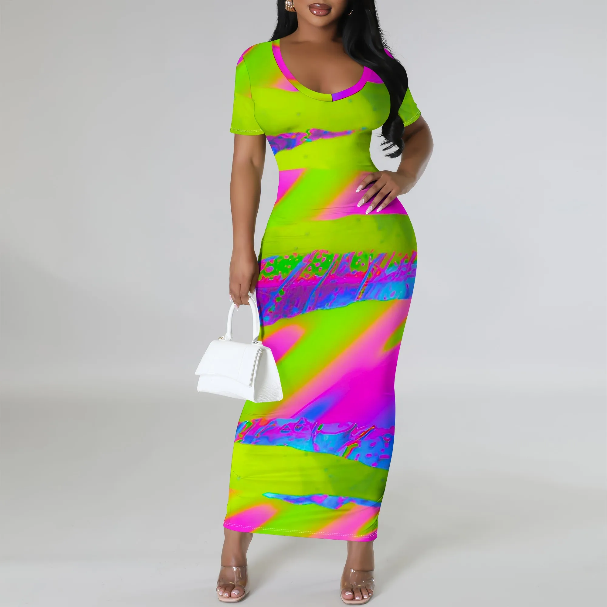 

Women's Bodycon Maxi Dress Abstract Print Short Sleeve V-Neck Dress for Casual Party Vacation Wear XS-3XL