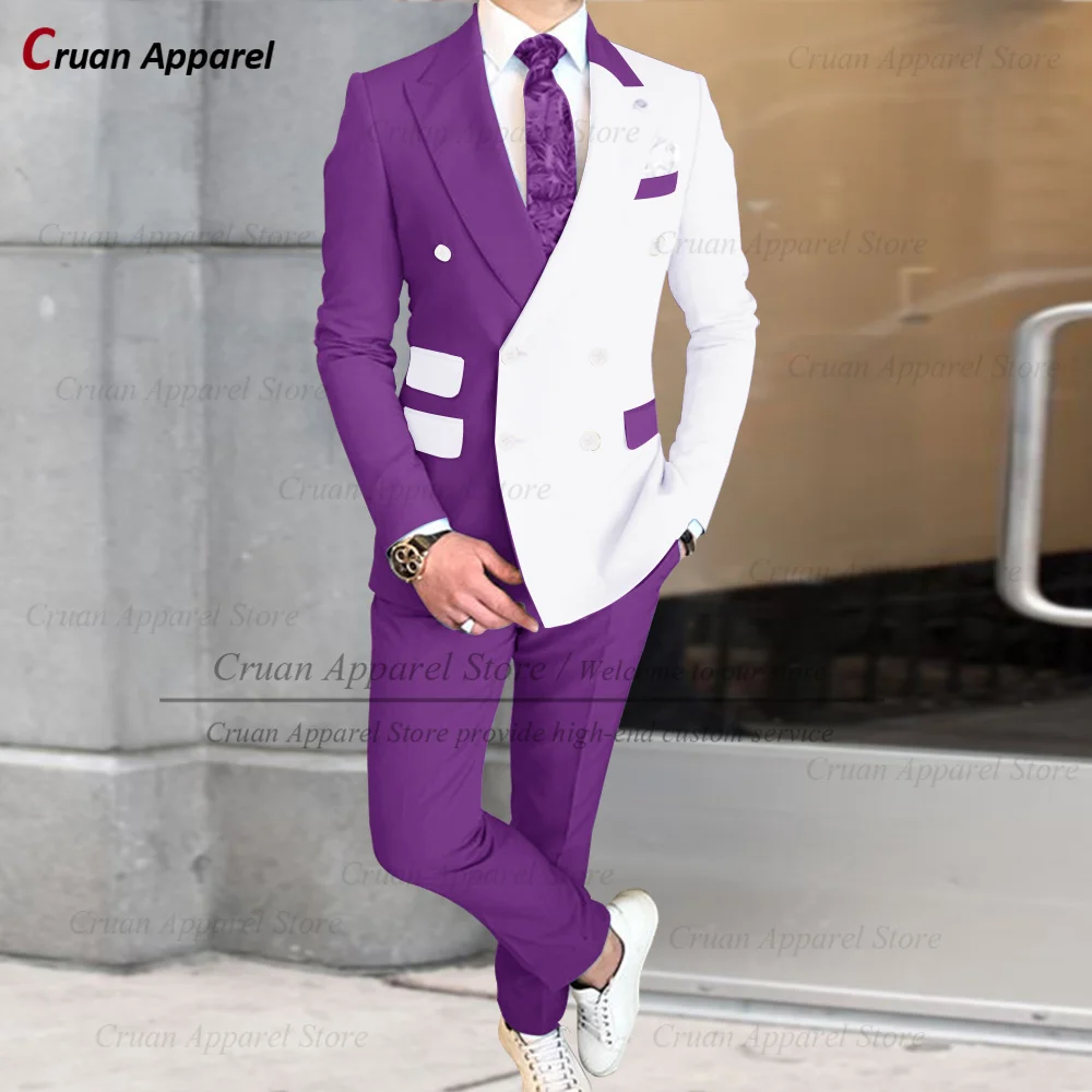 White Splicing Suit Sets For Men Formal Banquet Classic Double Breasted Blazer Pants 2 Pieces Evening Prom Elegant Male Outfits