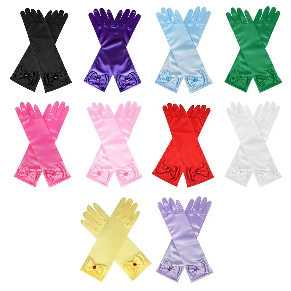 Children Long Gloves Princess Dance Performance Stage Gloves Satin Sequins Bow Glove Solid Full Finger Mittens Birthday Gifts