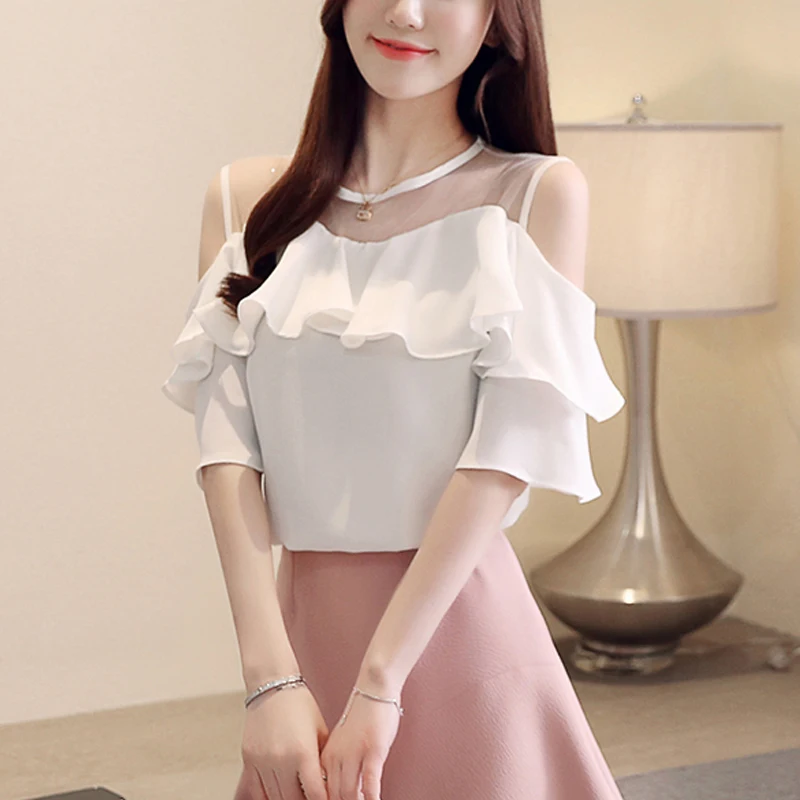 Fashion Short Sleeve White Blouse Summer Chiffon Shirt Casual Off Shoulder Womens Tops and Blouses Female Clothes Blusas 4206 50