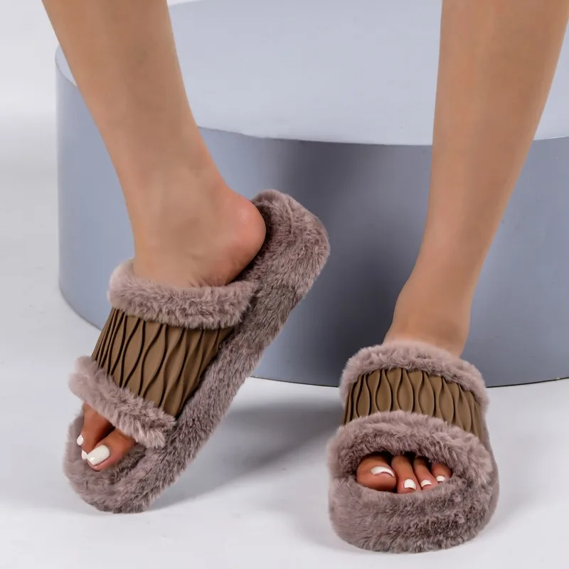 Women Corduroy Cross Strap Home Slippers Men Soft Warm Flat Slides Family Indoor Fashion Concise Plush Sandals for Four Seasons - view 4