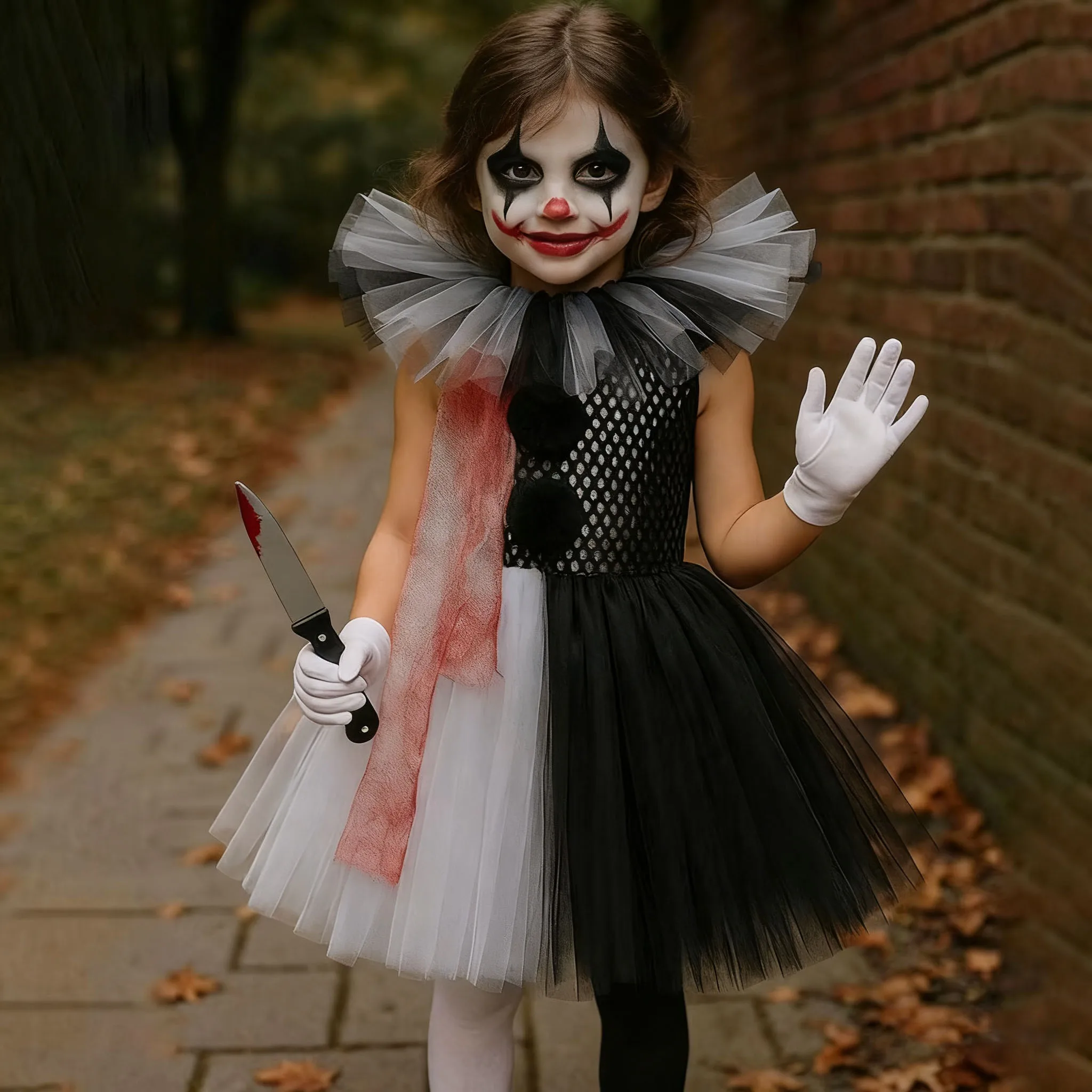 

Halloween Outfit Kids Party Horror Dress Suit Girl Clown Costume With Hat, Gloves, Knife Prop Lace Puffy Dress For Girls Clothes