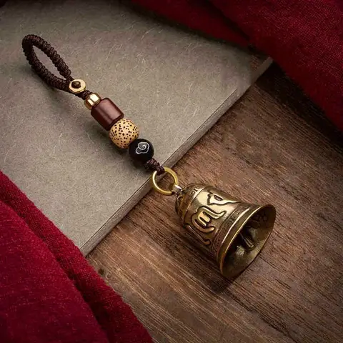 1pc Vintage Brass Tibetan Buddhism Six-word Mantra Bell Keychains Lanyard Pendants Handmade Rope Car Key Chain Rings Hanging
