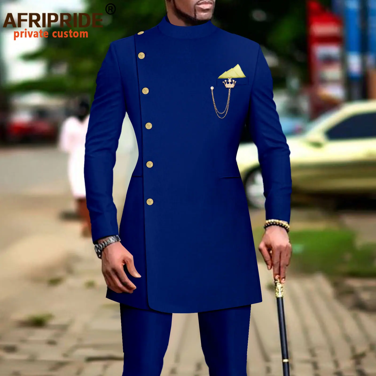 

African Suits for Men Single Breasted Blazer and Pants 2 Piece Set Dashiki Outfits Ankara Attire with Chain Kerchief A2316019