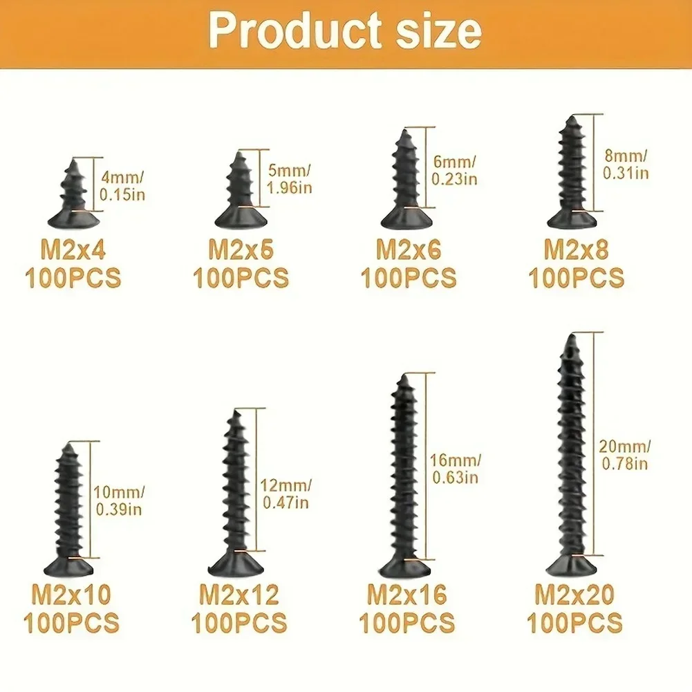 M2 Black Oxidized Self Tapping Screws 800pcs Flat Countersunk Head for Computer Chassis and Peripheral Mounting