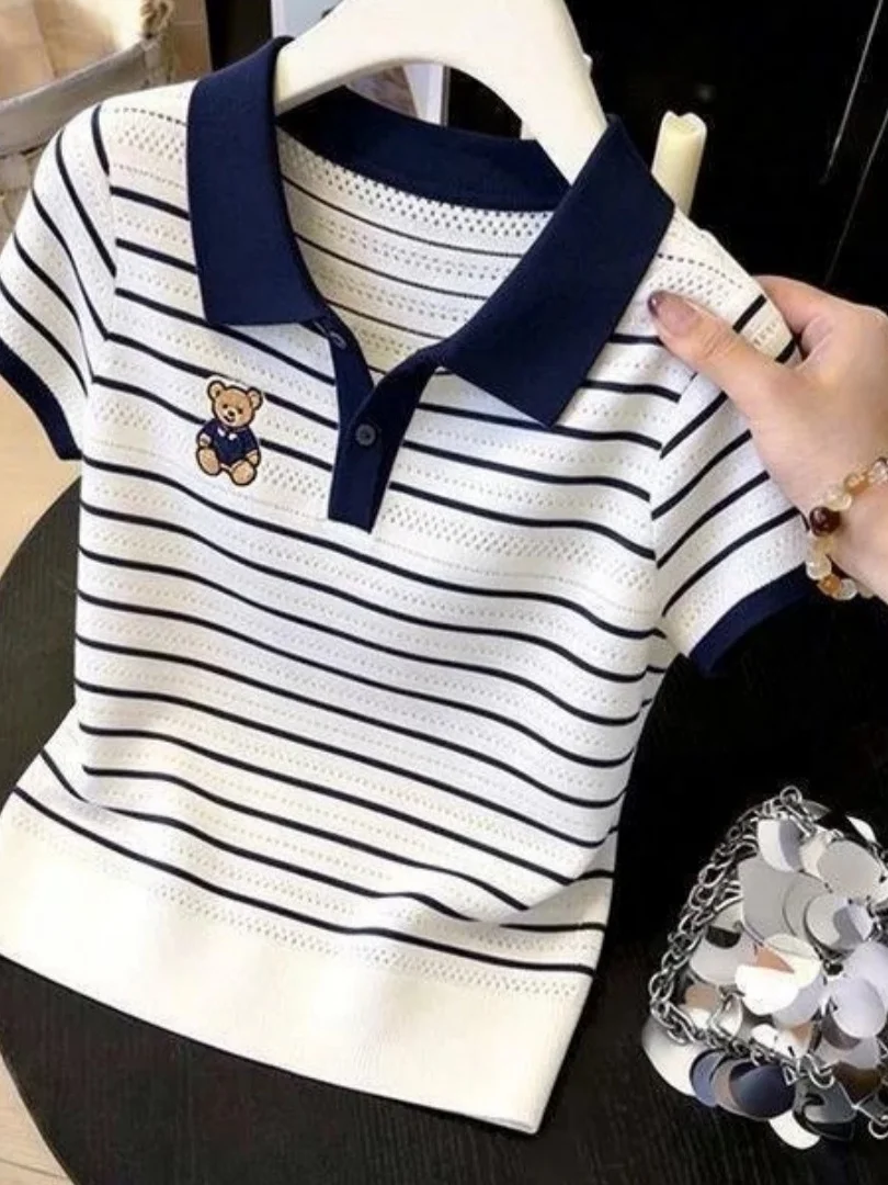 Outlet Guangzhou Thirteenth Factory Stripe  Color Block Hollow out Embroidery Knitwear Women Anti Aging Elegant Top Summer