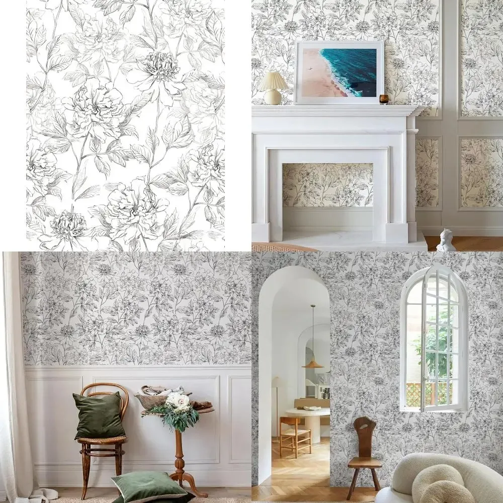 ورق جدران قابل للإزالة بالزهور باللونين الأبيض والأسود، مقاس 17.3 × 800، تصميم الفاوانيا المطلي لسهولة تزيين الجدران