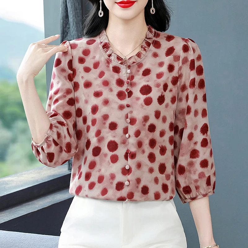 

Женская рубашка с цветочным принтом в стиле ретро, новая модная шелковая шифоновая блузка с рукавами 3/4, весенне-летние топы