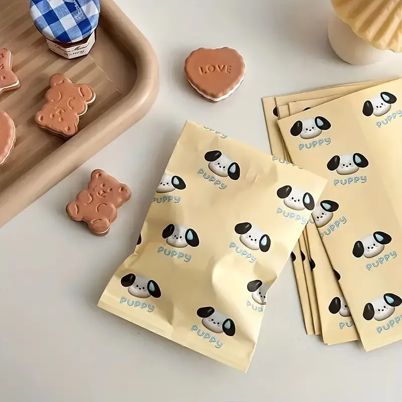 50pcs Gift Bag Cute Cartoon Pattern Gift Paper Bag Baking Small Item Storage Bag Snack Zipper Packaging Bag