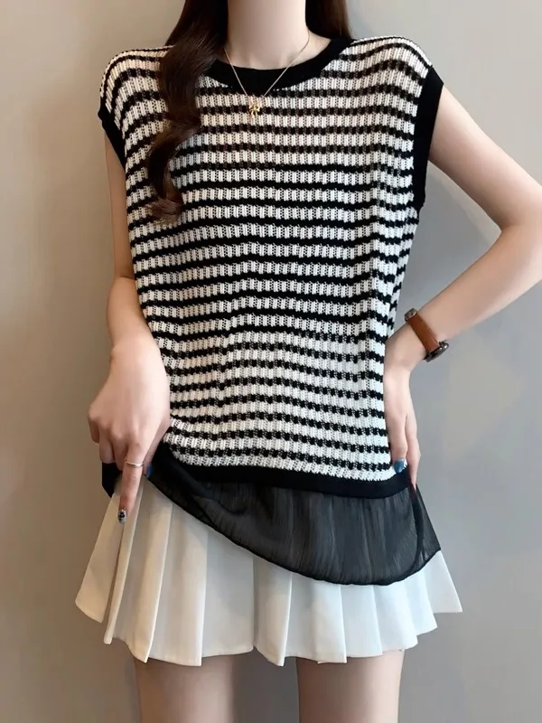블라 화이트 스트라이프 홀로우 아웃 니트 아이스 실크 베스트 여성 여름 대형 사이즈 루즈 핏 슬림 탑 쉬폰 헴 출퇴근용