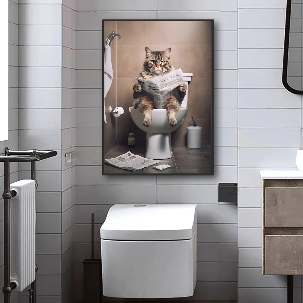 Funny cat art Cute cat sitting in toilet reading newspaper canvas painting animal wall decor bathroom decoration, frameless