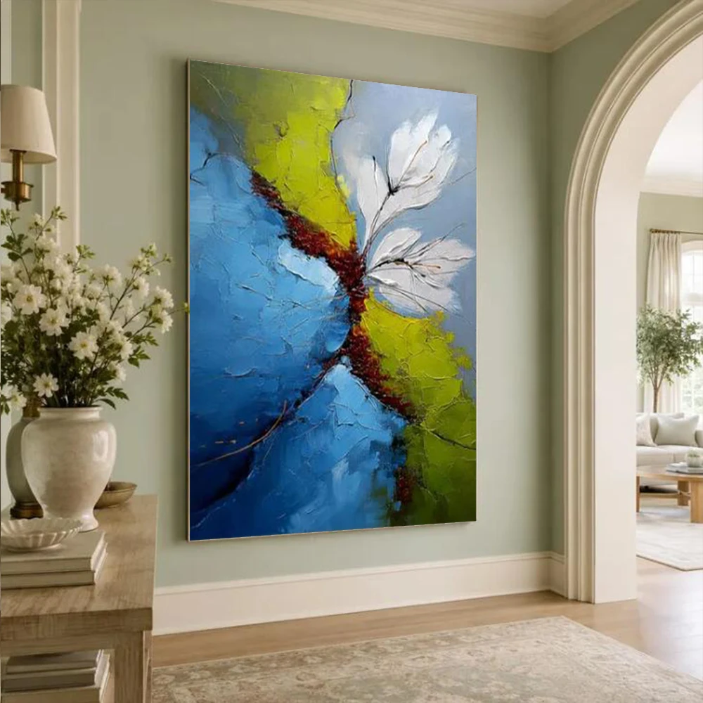 100% Handmade Abstract Oil Painting on Canvas Blue Apricot Blossom Wall Art Picture Mural for Living Room Home Decor Image Gift