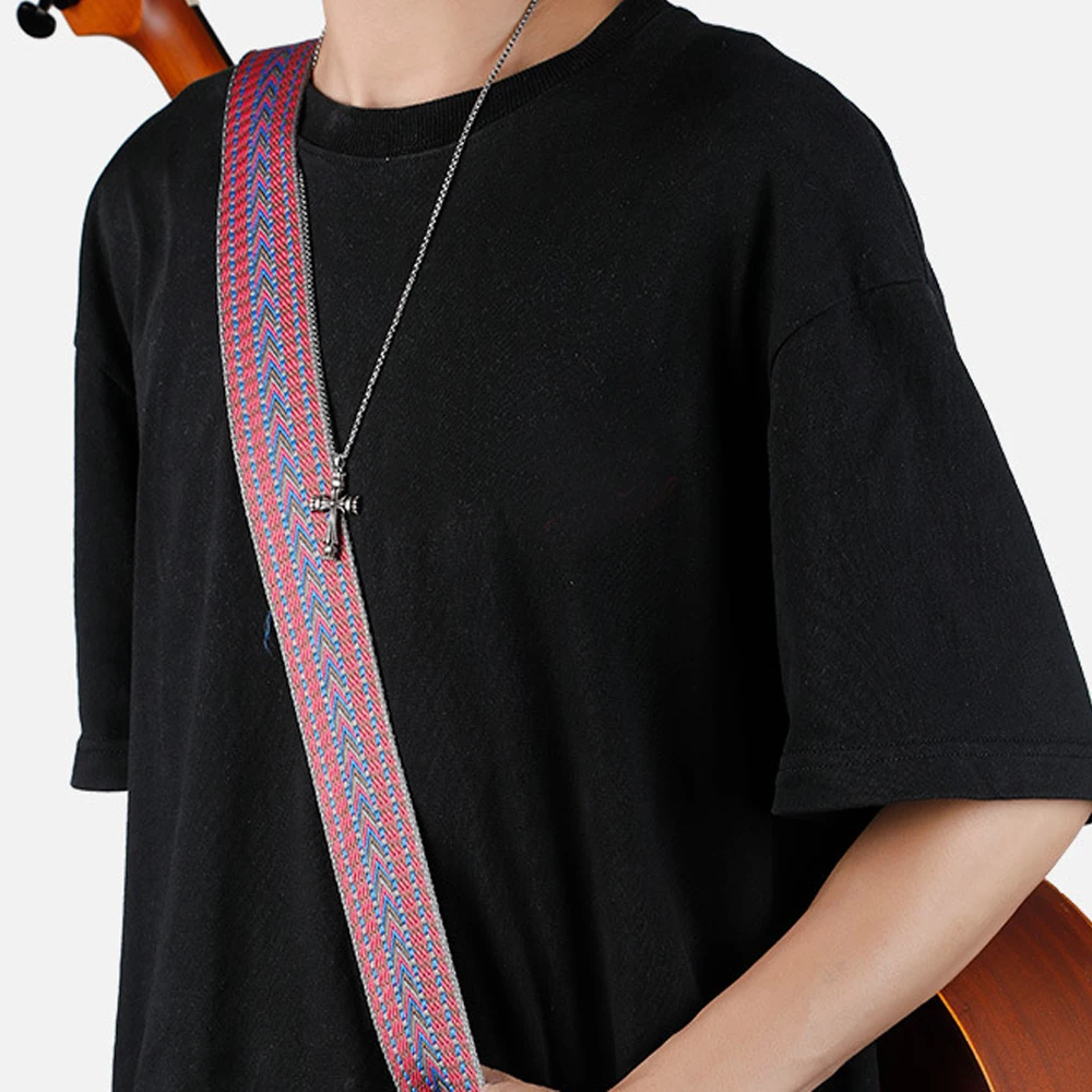 Embroidered Guitar Strap Genuine Leather Head Jacquard Weave Wooden Electric Guitar Bass Strap Accessories