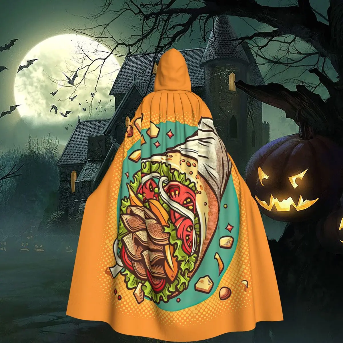 Capa larga con capucha estilo pop art de doner kebab, disfraz medieval de bruja, capa para cosplay, fiesta de Halloween, para adultos, unisex.