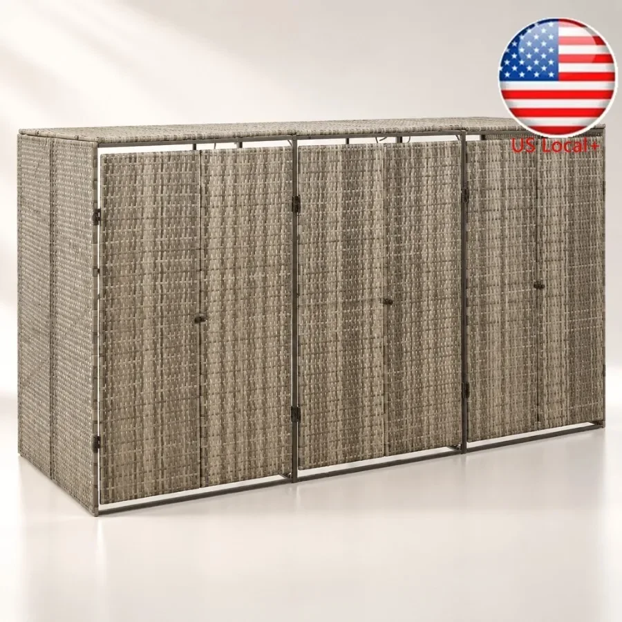 Triple Wheelie Bin Shed for outdoor use, poly rattan material, gray color, weather-resistant and space-saving design
