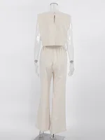 Spring Summer 2025 Women Holiday Linen Pant Set Crop Tops Solid Outfits 2 Two Piece Matching Set For Women - Image 6