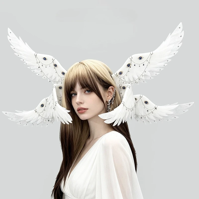 Image of Evil Eye Star Chain Angel Wing Haarspangen Gothic Lolita Feder Haaraccessoire Halloween Cosplay Party Kopfschmuck