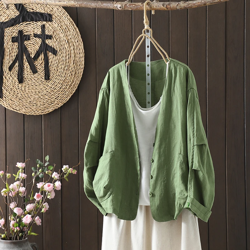 Handmade Washed Heavyweight Cotton Linen Jacket Long Sleeve Open Cardigan Artistic  Color Outerwear Top for Women