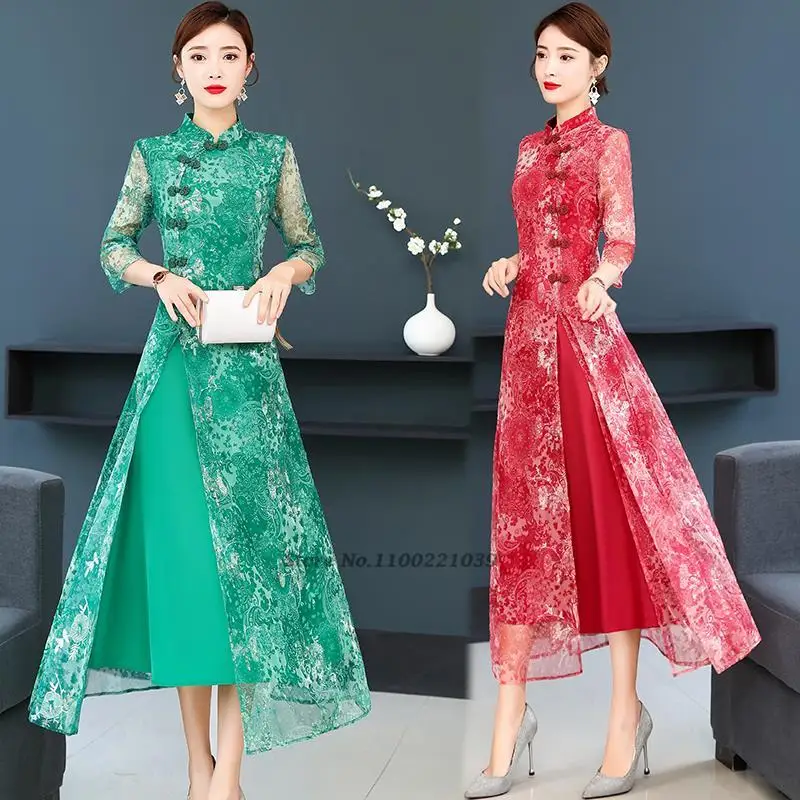 

2024, китайское винтажное платье, улучшенное женское платье Cheongsam, традиционное платье Ципао с цветочной сеткой, восточное банкетное вечернее платье, платье