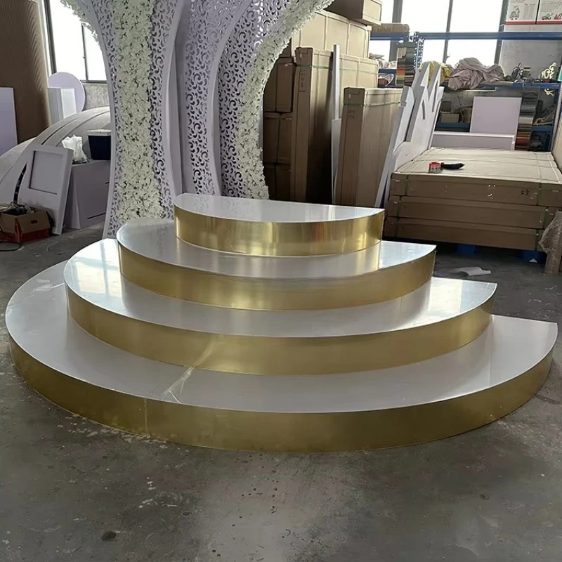 

Wedding round white stage with steps acrylic gold stage for wedding ceremonies