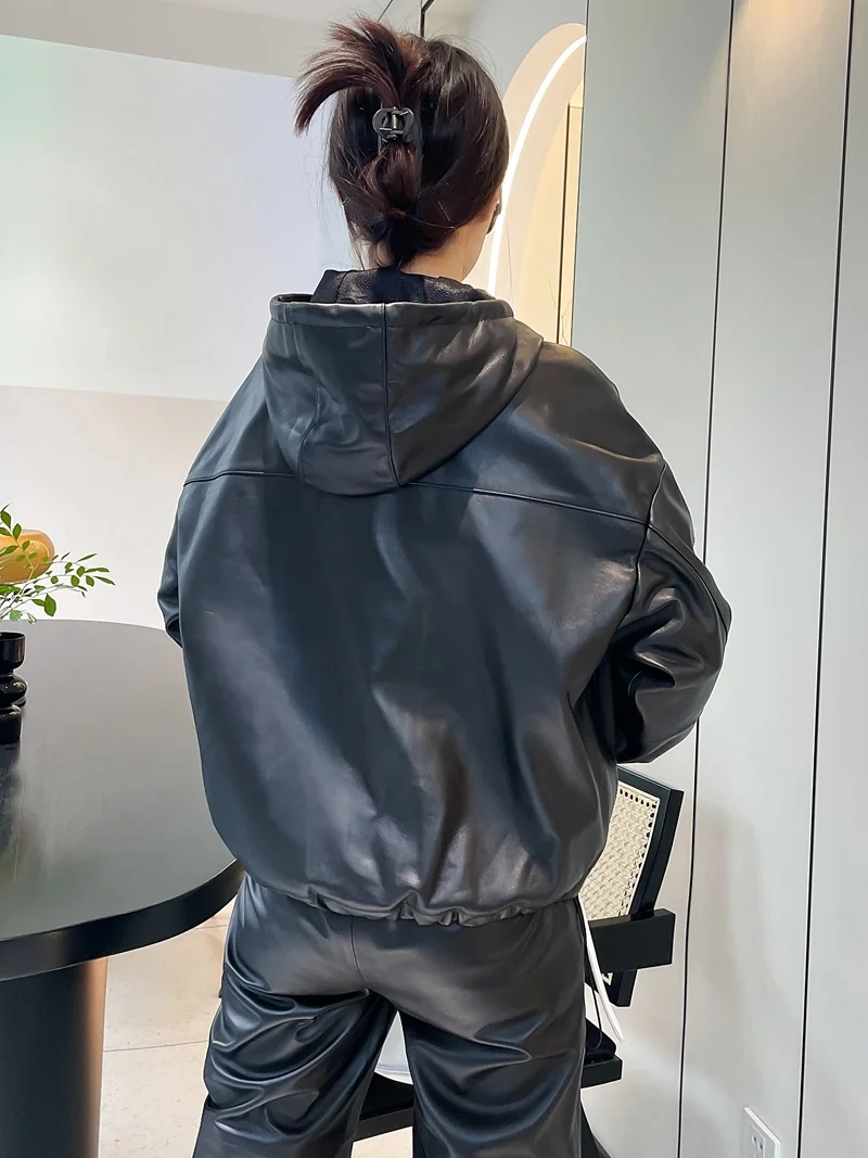 Abrigo informal de piel de oveja auténtica para mujer, abrigo con capucha Dstring ort, adelgazante, holgado, para ir al trabajo, novedad de 2024