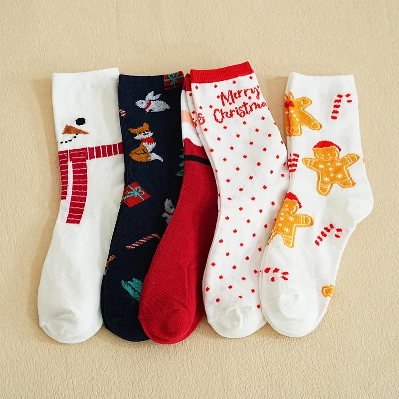 

Осень-зима, новые милые женские рождественские носки с рисунком оленя, удобные мягкие женские носки средней длины, комплект из 5 предметов
